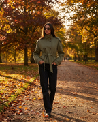 Inès – Belted Stand Collar Trench Jacket in Olive Green