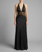Dinah – Satin & Lace Halter Maxi Dress in Black