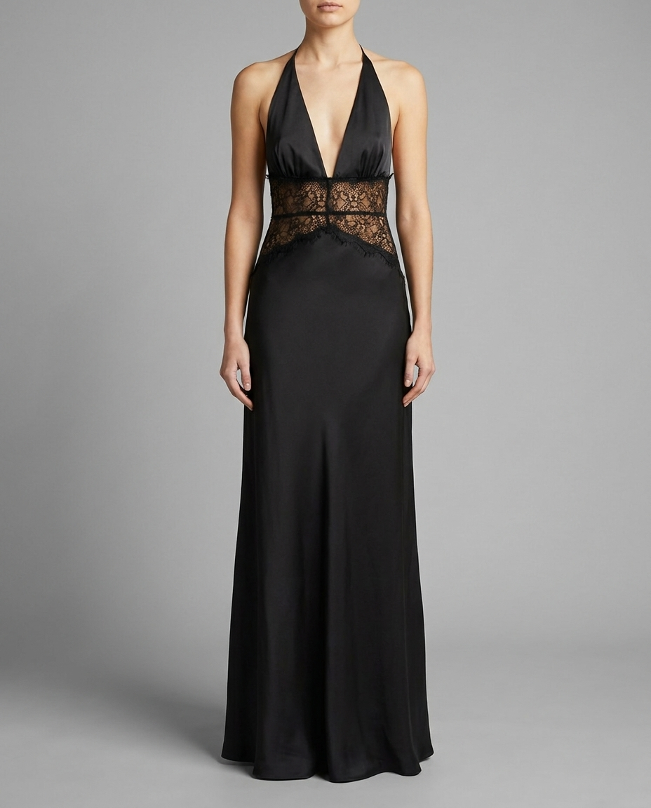 Dinah – Satin & Lace Halter Maxi Dress in Black