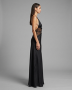 Dinah – Satin & Lace Halter Maxi Dress in Black