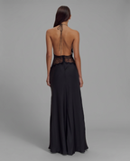 Dinah – Satin & Lace Halter Maxi Dress in Black
