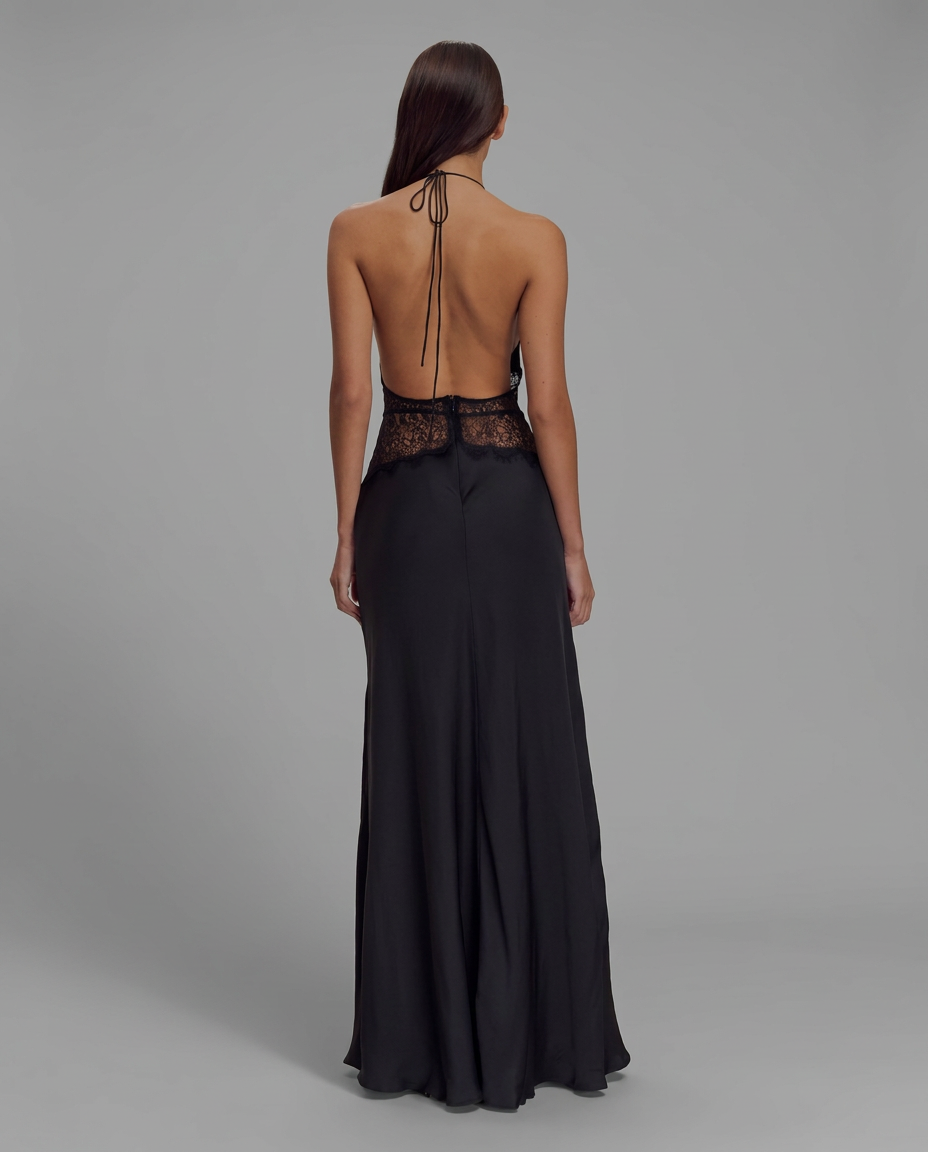 Dinah – Satin & Lace Halter Maxi Dress in Black