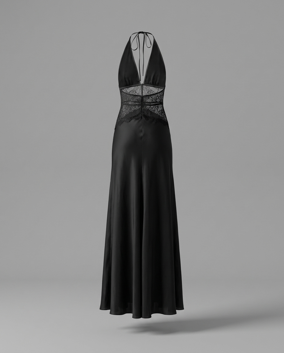 Dinah – Satin & Lace Halter Maxi Dress in Black