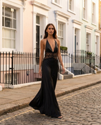 Dinah – Satin & Lace Halter Maxi Dress in Black