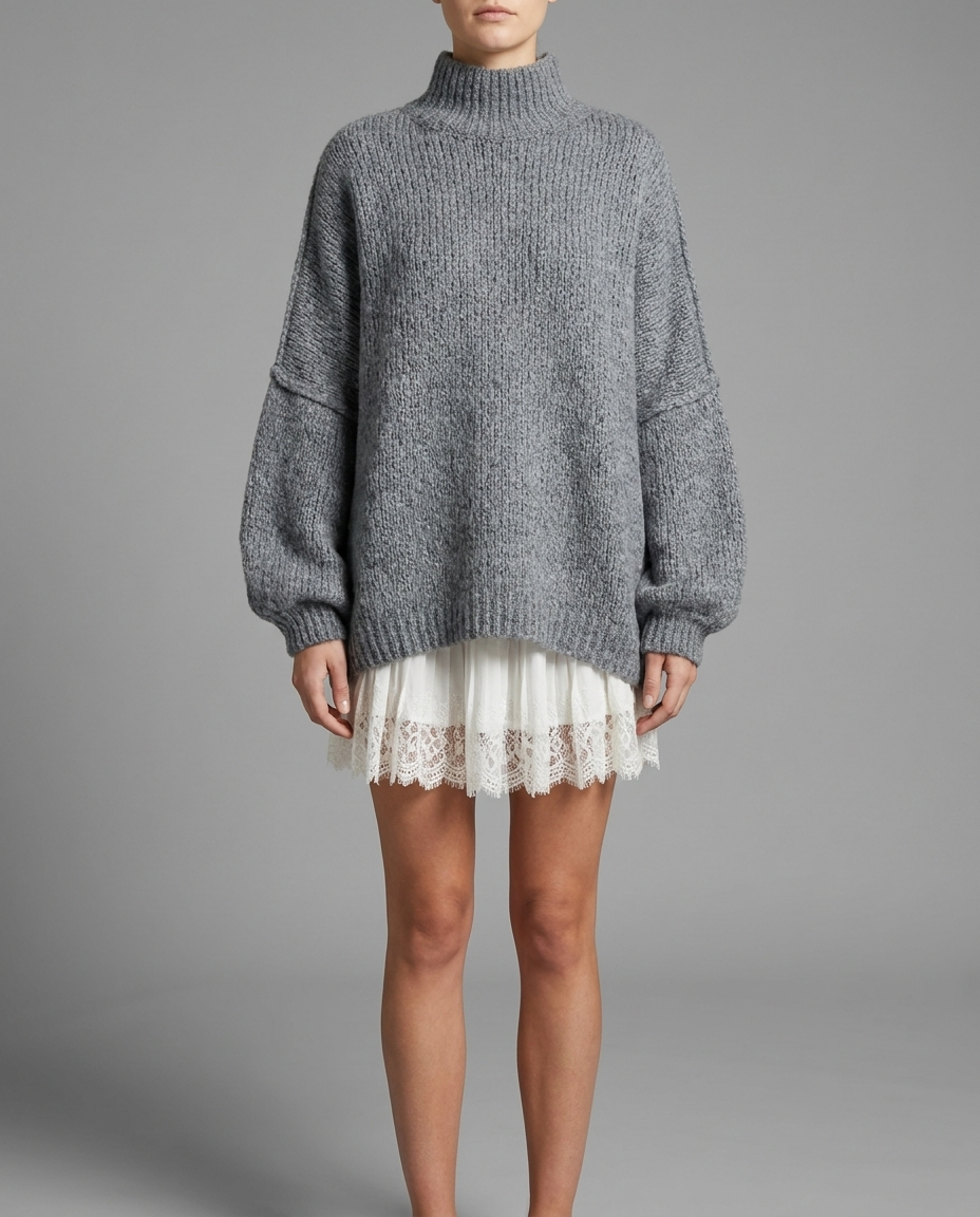 Oversized Funnel Neck Knit Jumper in Dark Grey