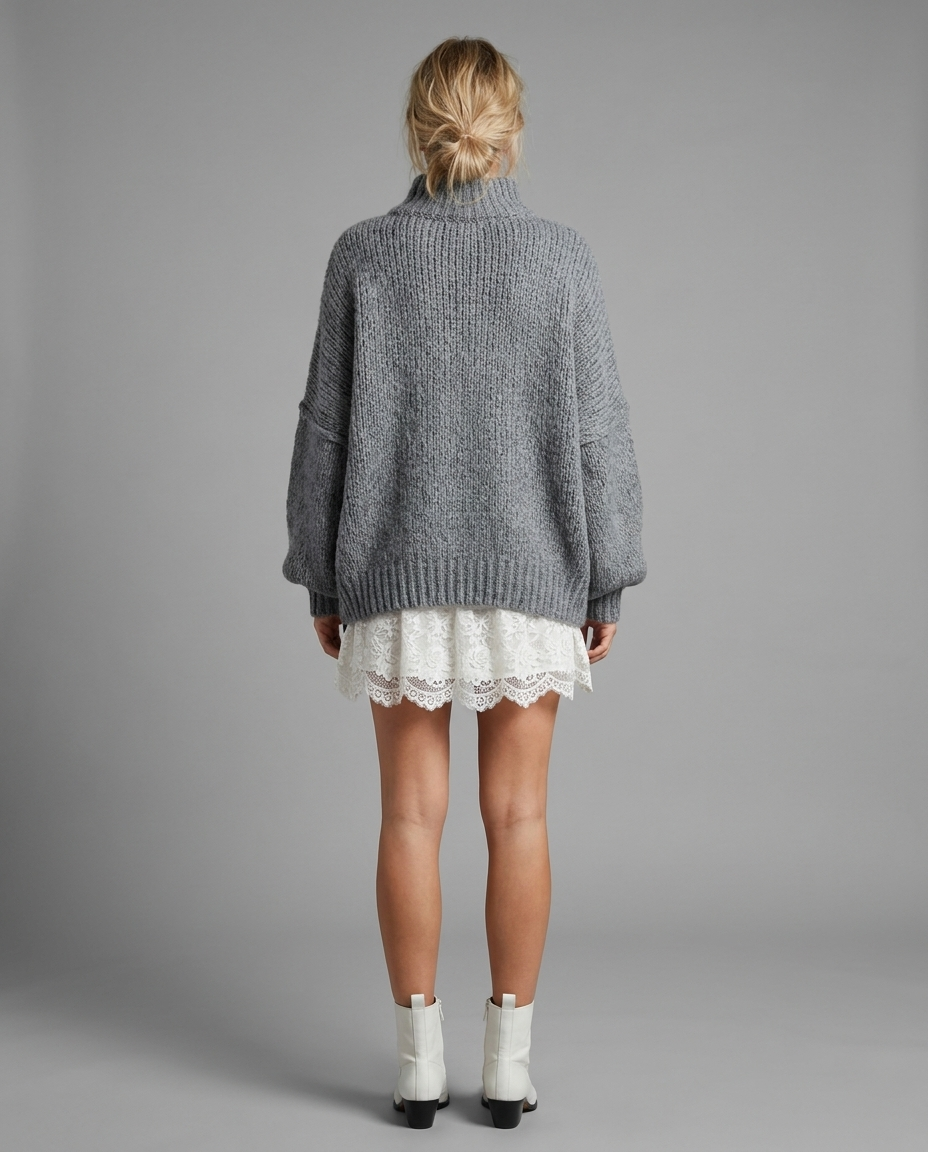 Oversized Funnel Neck Knit Jumper in Dark Grey
