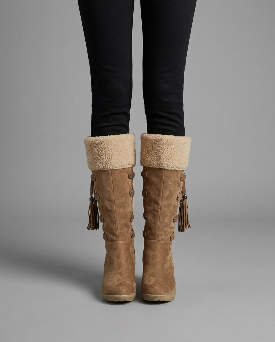 Shearling Cuff Knee High Wedge Boots in Brown