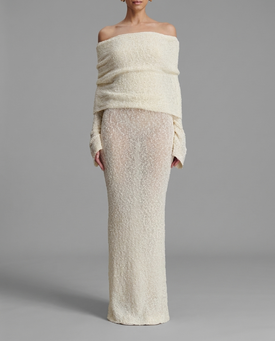 Marisol – Off-Shoulder Bouclé Maxi Dress in Ivory