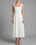 Timeless – Square Neck Full Skirt Midi Dress in White