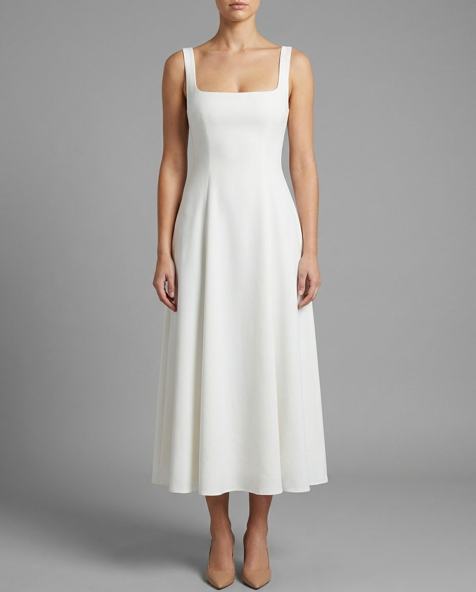 Timeless – Square Neck Full Skirt Midi Dress in White