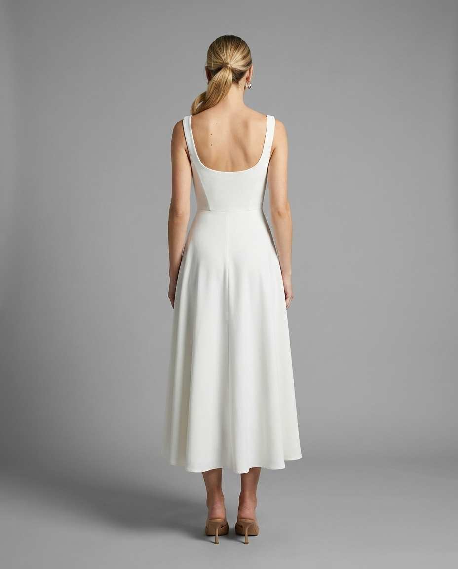 Timeless – Square Neck Full Skirt Midi Dress in White