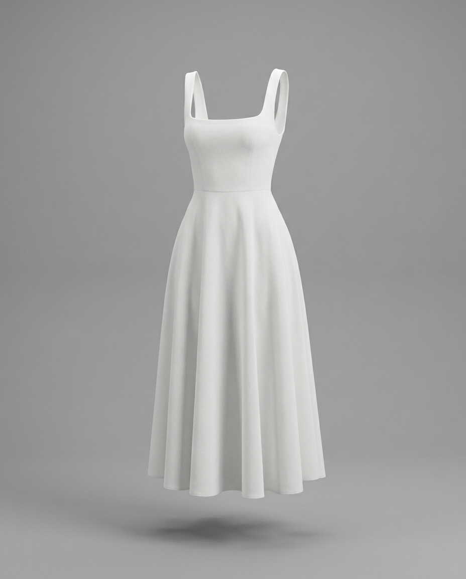 Timeless – Square Neck Full Skirt Midi Dress in White