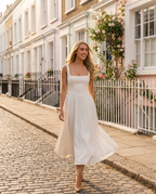 Timeless – Square Neck Full Skirt Midi Dress in White